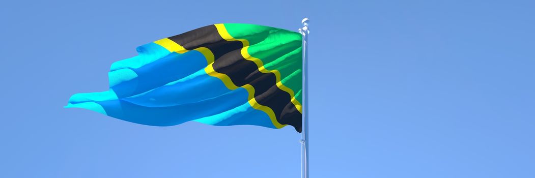 3D rendering of the national flag of Tanzania waving in the wind against a blue sky