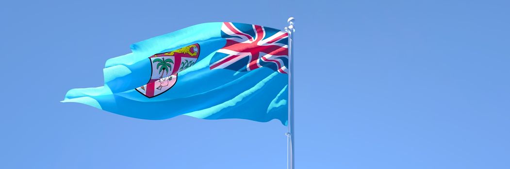 3D rendering of the national flag of Fiji waving in the wind against a blue sky