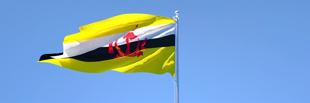 3D rendering of the national flag of Brunei waving in the wind against a blue sky