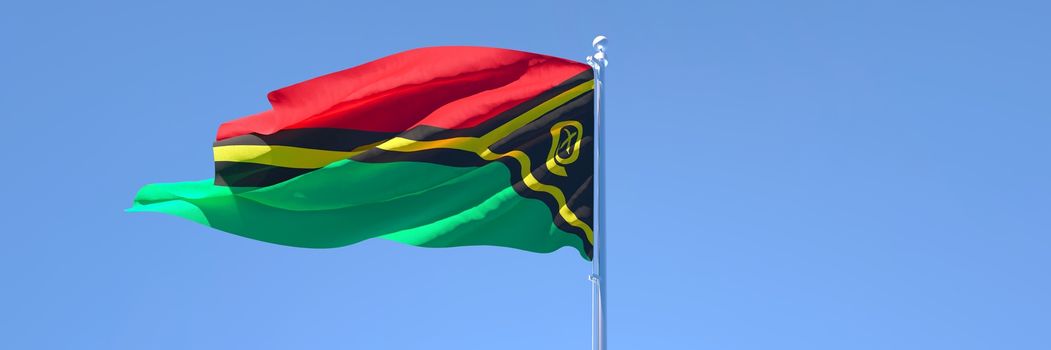3D rendering of the national flag of Vanuatu waving in the wind against a blue sky