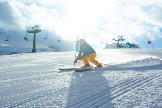 Gs Giant Slalom alpine ski racer skiing down the slope with gates sport winter training at Col Gallina Cortina d'Ampezzo Dolomites