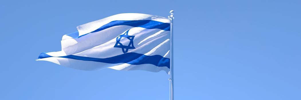 3D rendering of the national flag of Israel waving in the wind against a blue sky