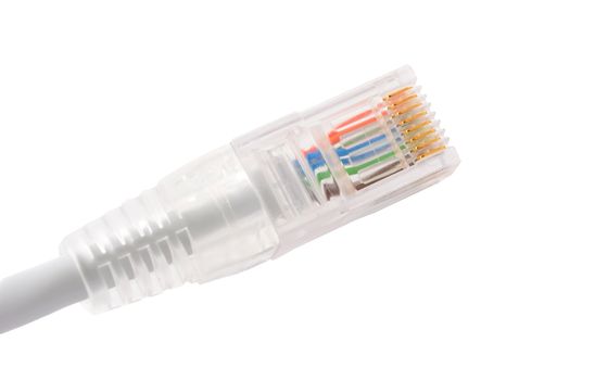 Closeup of rj45 connector of patch cable for LAN connection isolated over white background.