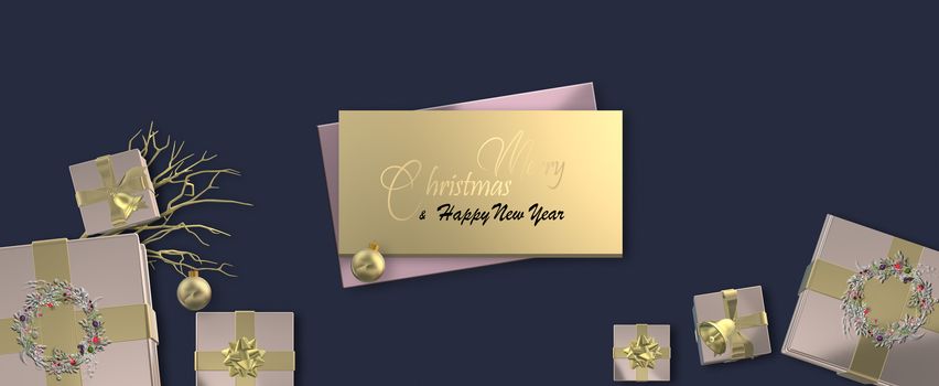 Christmas luxury background with realistic shiny pink gold gift boxes with floral wreath on dark blue background. Text Merry Christmas Happy New Year. Template. Mock up, copy space. 3D Illustration.