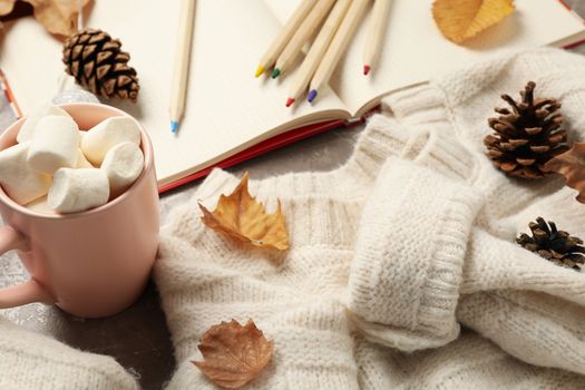 Autumn concept with sweater and coffee on gray background