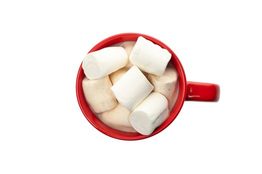 Red cup with marshmallows isolated on white background