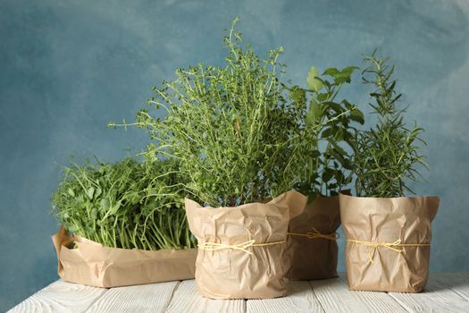 Different herbs on white wooden table against blue background