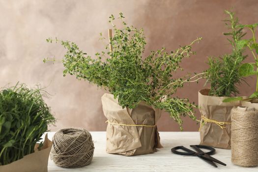 Different herbs on wooden table against brown background