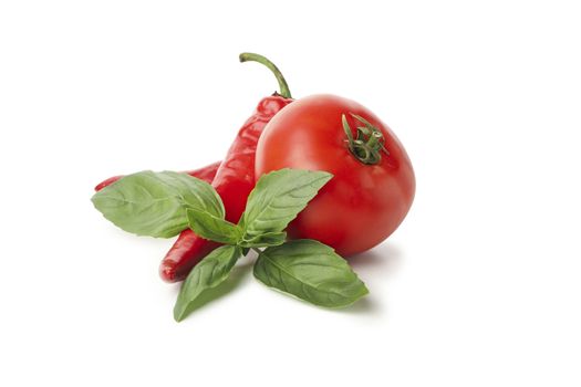 Basil, pepper and tomato isolated on white background