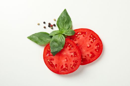 Tomato and spices on white background, top view