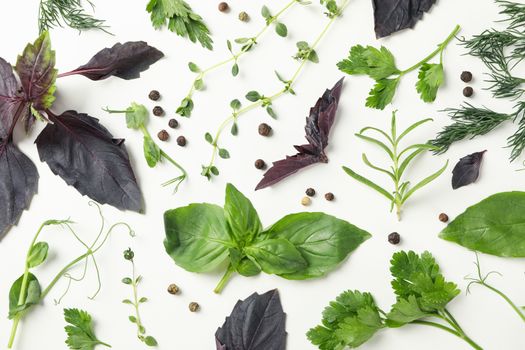 Different herbs and spices on white background, top view