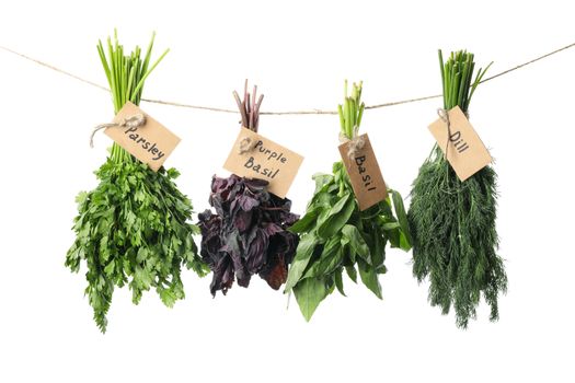 Twine with different herbs isolated on white background