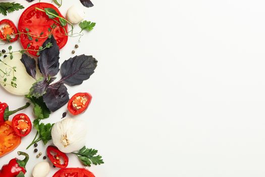 Different herbs and spices on white background, top view