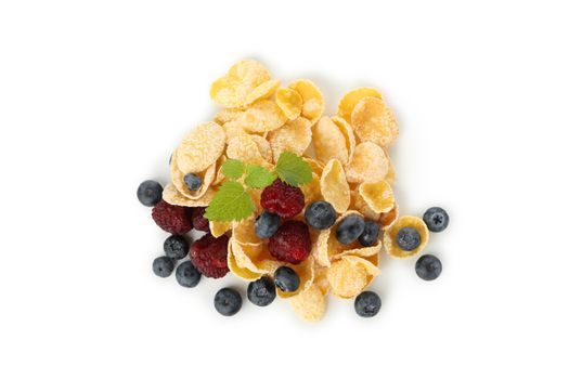 Muesli, leaves, blueberry and raspberry isolated on white background