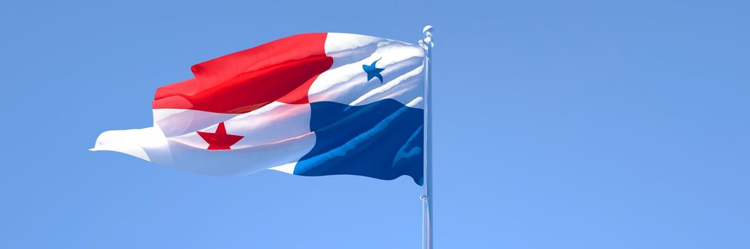 3D rendering of the national flag of Panama waving in the wind against a blue sky