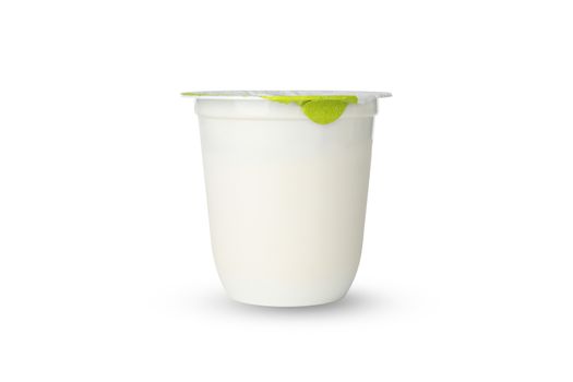 Plastic cup of yogurt isolated on white background