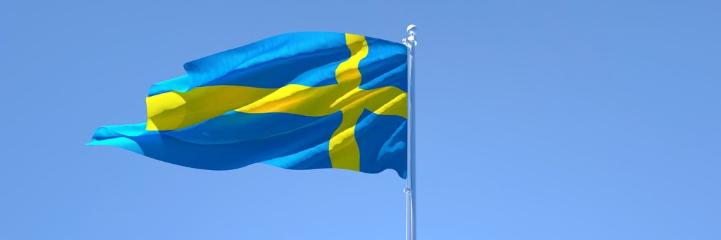 3D rendering of the national flag of Sweden waving in the wind against a blue sky