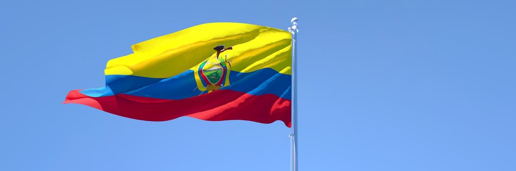 3D rendering of the national flag of Ecuador waving in the wind against a blue sky