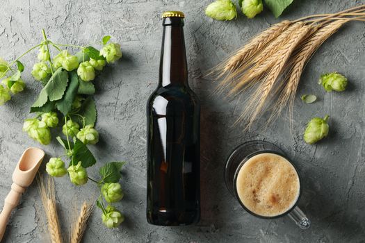 Beer, hop and wheat on gray background