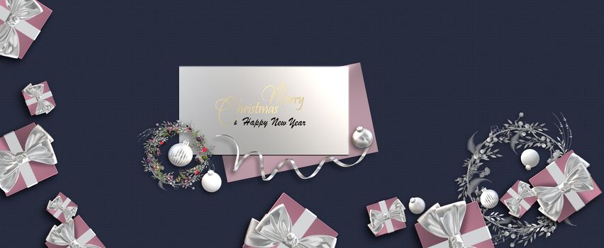 Christmas banner. Xmas design of realistic pink gold gifts boxes, golden 3d decorations and glitter bauble ball. Horizontal poster, greeting card. Text Merry Christmas Happy New Year. 3D illustration