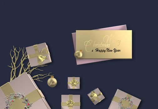 Christmas card. Background. Xmas design of realistic 3D pink gold gifts boxes, golden decorations, glitter bauble ball. Gold text Merry Christmas Happy New Year on shiny label. Festive card. 3D render