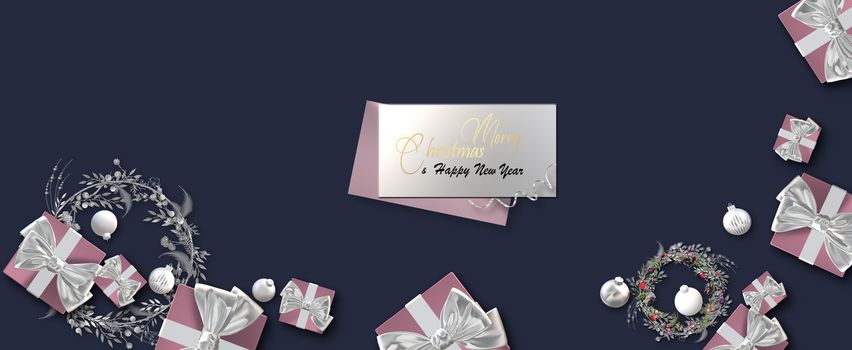 Christmas banner. Xmas design of realistic pink gold gifts boxes, golden 3d decorations and glitter bauble ball. Horizontal poster, greeting card. Text Merry Christmas Happy New Year. 3D illustration