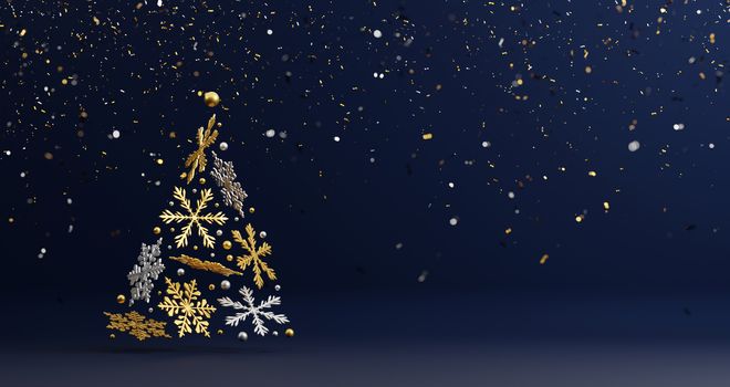 Christmas tree design of luxury snowflake with foil confetti falling on blue background 3d render