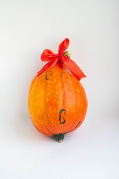 Funny pumpkin with a red bow on a white background. The concept of Halloween ,harvest,thanksgiving,vegetarianism