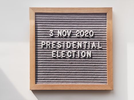 Announcement of USA Presidential Election at 3rd November 2020. Call to go to the vote. Top view on letter board on white background.