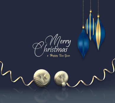 Christmas design with gold realistic balls baubles, shiny confetti on reflection. Hanging blue baubles over blue background. Text Merry Christmas Happy New Year. 3D illustration. Copy space