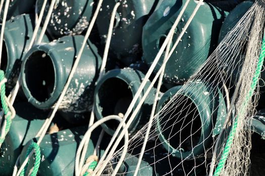 Traps to fish octopus and nets in the pier of Santa Pola, Spain