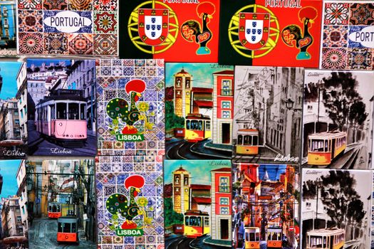 Lisbon, Portugal- March 13, 2019: Colorful magnet tram and tiles souvenirs of Lisbon city. Word Lisbon written.
