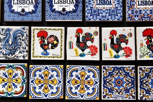 Lisbon, Portugal- March 13, 2019: Fridge souvenir magnets imitating portuguese tiles for sale