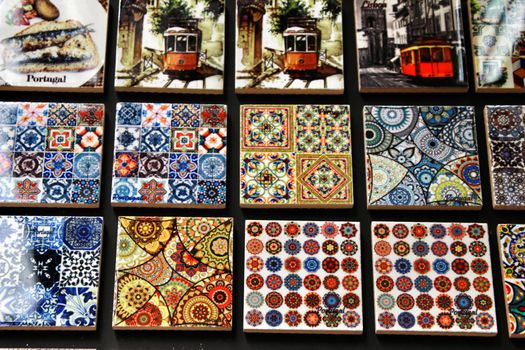 Lisbon, Portugal- March 13, 2019: Fridge souvenir magnets imitating portuguese tiles for sale