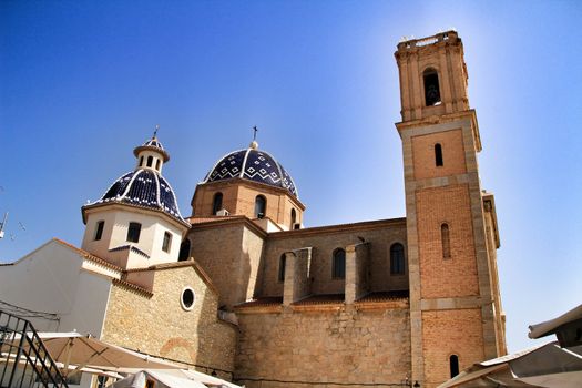 Altea, Alicante, Spain- July 8, 2020: Nuestra señora del Consuelo church in Altea square in summer