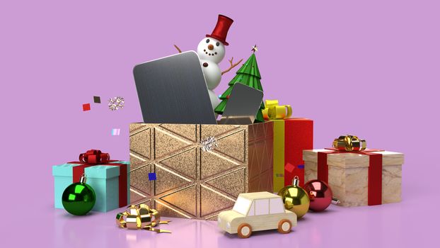 The snowman and gift boxes  for Christmas content 3d rendering