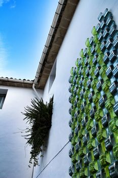 Narrow streets and beautiful white facade with green glass details in Carricola, Valencia, Spain