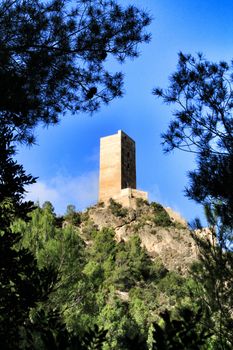 Beautiful and old Carricola vigia tower surrounded by native vegetation and pines in Valencia province