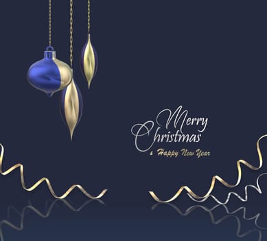 Christmas background with gold balls and shiny confetti on dark blue background. 3D render