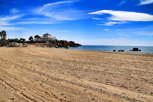 Beautiful Bahia beach in Mazarron, Murcia, Spain. Island in the background.