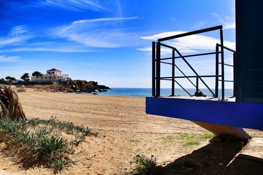 Beautiful Bahia beach in Mazarron, Murcia, Spain. Island in the background.