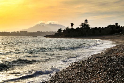 Beautiful Sunset on Mojon beach in Isla Plana, Cartagena, Murcia,Spain.