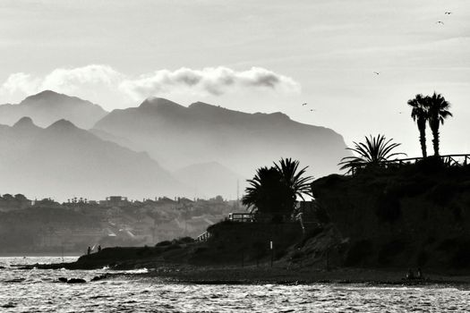 Evening on Mojon beach in Isla Plana, Cartagena, Murcia,Spain. Monochrome picture.