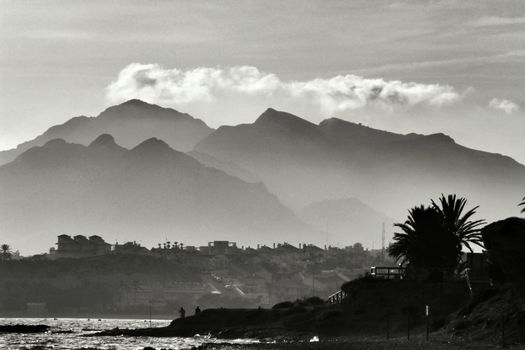 Evening on Mojon beach in Isla Plana, Cartagena, Murcia,Spain. Monochrome picture.