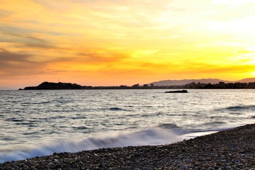 Beautiful Sunset on Mojon beach in Isla Plana, Cartagena, Murcia,Spain.