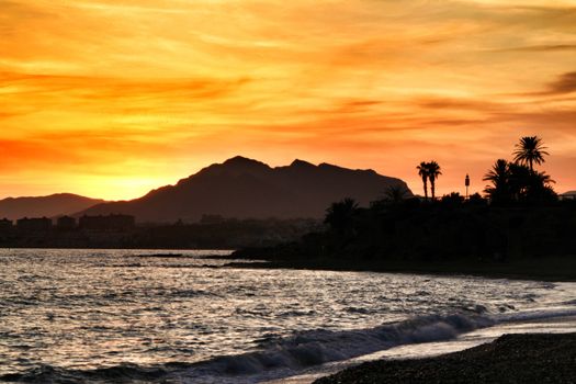 Beautiful Sunset on Mojon beach in Isla Plana, Cartagena, Murcia,Spain.