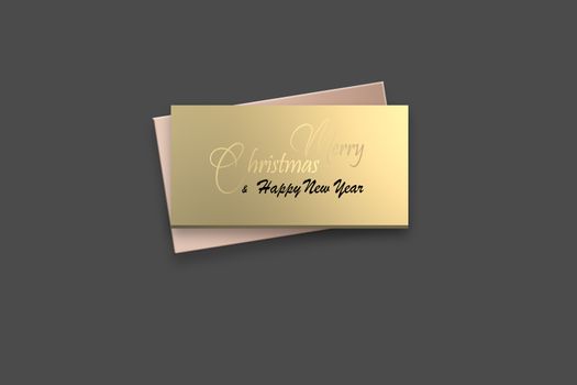 Christmas minimalist luxury design in gold. Gold shiny metallic plaque with text Merry Christmas Happy New Year. Invitation, greeting, elegant business card. 3D render. Place for text, mock up