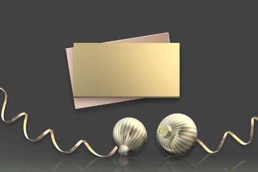 Luxury gold Christmas background. Realistic gold balls baubles, serpentine with reflection, on dark background. Elegant modern Christmas festive invitation, mock up. Place for text. 3D render