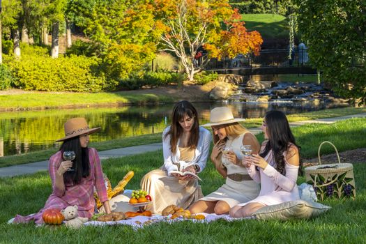 A group of beautiful women enjoy a picnic on a fall day outdoors