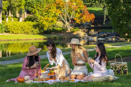 A group of beautiful women enjoy a picnic on a fall day outdoors